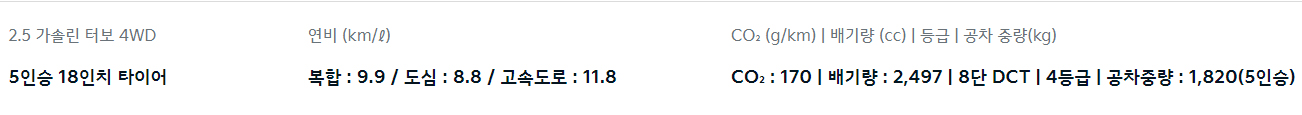 쏘렌토 가솔린 2.5 터보 4WD 18인치 5인승 기준 연비